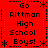 Red background with black pixelated text reading 'Go Rittman High School Boys!' in four quadrants, bordered by asterisks and dashed lines.