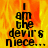 Pixelated text reads "I am the devil's niece..." over a fiery orange-yellow background with a gray rectangular section on the right.