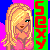 Pixelated cartoon icon of a blonde woman in pink top with red text "SEXY" on green vertical bar, against blue and magenta background.