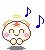 A 4-frame pixel art animation of a cute round character with angel wings, pink cheeks, and a red star on its forehead, surrounded by blue musical notes against a gray background.