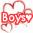 Pixelated icon with red text 'Boys Shoes' and 'Bags' over striped background, pink stars, and heart outlines.