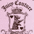Pixelated icon with red background and black text, featuring a grayscale emblem of two figures in a frame at top-left.