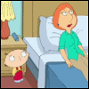 Animated scene with two cartoon characters in a bedroom; one character calls out 'MUM!' while the other reacts.