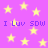 Purple background with yellow stars and repeated text "I Luv SDW" in blue pixelated font.
