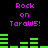 Pixelated text and green audio bars on black background, with 'Rock on Tarow5!' repeated in purple and green bars shifting across frames.