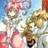 Pixelated static image shows two figures with pink and brown tones against a light blue sky background.