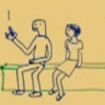 Animated contact sheet showing five sequential frames of two stick figures on a bench, with one figure repeatedly using a megaphone and the other reacting to red text reading "NOT AGAIN".