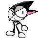 Pixelated cartoon character with black and gray hair, pink ear tufts, white eyes with small pupils, and a neutral expression in four of four