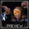 Pixel art of a brown armored figure with glowing orange eyes and blue accents, holding a weapon that emits a blue energy blast against a black background.