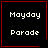Four identical black square with red borders display "Mayday Parade" text; top-right has a small red heart, bottom-right has a red starburst symbol