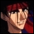 Pixelated anime-style character with red hair and glasses, side profile against dark background, with text elements to the right.