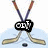 Crossed hockey sticks with a puck on light blue background, text overlays change across frames.
