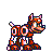 Pixelated dog-like character in orange and brown tones with white accents, standing on a flat base, facing right with a smiling expression.