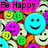 Pixelated collage of repeating smiley faces in blue, purple, green, yellow, and orange with pink 'Be Happy' text blocks on a red background.