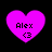 Four identical purple heart-shaped icons with black text 'Alex' and '<3' on a black background, displayed in a