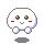 Four pixelated white circular figures with green eyes, red cheeks, and small smiles, each with distinct limb positions and shadows.