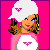 Pixel art contact sheet of a cartoon woman in white and pink clothing with repeated 'V' logo, showing multiple poses and close-ups against bright pink background.