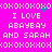 Bright pink background with white pixelated text repeating 'I LOVE ABAYBAY AND SARAH' and 'XOXOXO' borders, featuring two small blue pixel clusters that shift position between frames.