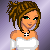Pixel art of a female character with brown dreadlocks, green eyes, and white top against purple background.