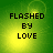 Four identical display 'FLASHED BY LOVE' text over a green-yellow gradient background with subtle light effects