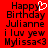 Red background with black pixelated text reading 'Happy Birthday Julianne i luv yew Mylissa<3' and a white heart symbol replacing the 'y' in Happy.