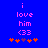 Blue background with pink text reading 'i love him <33' and orange star-like shapes below, with one purple star in the center.