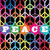 Colorful peace sign pattern with 'PEACE' text, black heart on red, and three people on pink background.