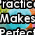 Pixelated text reads 'practice I'm Makes Already Perfect Perfect So Why practice' over a colorful background with a blue circular character.