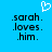 Blue background with white pixelated heart above black text reading .sarah. .loves. .him. in two identical side-by-side arrangements.