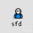 Pixelated blue character with white face in various poses including standing, sitting, and holding a speech bubble, all above 'sfd' text on light gray background.