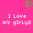 A static pixel art image with a bright pink background, featuring a green pixelated heart symbol above white pixelated text reading "I Love my girlYS" repeated twice.