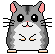 Pixel art hamster with gray and white fur, pink ears, black eyes, and a small pink nose stands on two feet against a light gray background.