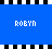 Blue background with black-and-white striped borders; two instances of the text 'ROBYN' in pixelated font, one white and one black.
