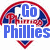 Three distinct heart-shaped icons with red, white, and blue color scheme display text: "Go Phillies," "Go Rollins Howard," and "I Love Phillies!" on a white background.