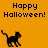 Pixelated black cat walking on orange background with 'Happy Halloween!' text in four corners.
