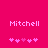 Pixelated text 'Mitchell' in light pink on bright magenta background with five heart symbols below, two versions showing different heart animation states.