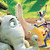 Animated sequence of a cartoon rabbit with large ears and blue eyes, holding an orange object against a green background.