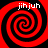 Four identical red and black spiral patterns arranged in a with white text "jihjuh" above each spiral on a solid red background