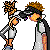 Pixel art animation of two characters bowing, with a third character's legs and torso visible between them; text labels below each frame.