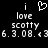 Pixelated black-and-white image with text 'i love scotty' and date '6.3.08.' repeated twice, featuring a heart symbol above the left instance of 'love'.