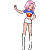 Pixelated character with pink hair in blue crop top and white shorts, performing sequential arm and leg movements against gray background.