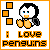 Pixel art penguin with blue eyes and orange beak sits in a , surrounded by orange and white squares, text reads 'i love penguins' below