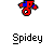 Pixelated Spider-Man icon in red and blue with white eyes, shown in multiple poses including swinging on a web and interacting with yellow figures holding green objects.