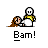 A 4x3 contact sheet of a pixel art animation showing a stick figure character repeatedly hitting another character with a red object, accompanied by "Bam!" text below each frame.