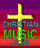 Yellow cross and musical note animation on striped background with 'CHRISTIAN MUSIC .COM' text.
