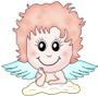 Cute cartoon angel with pink curly hair, blue wings, and a yellow cloud base, smiling with hands clasped under chin.