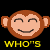Pixelated monkey face with closed eyes and a smile, yellow text reading WHO'S YOUR MONKEY on black background.