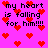 Pixelated pink background with red heart symbols and black text reading 'my heart is falling for him!!!' in multiple repeated arrangements.