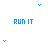 A contact sheet of five animated frames showing the text "RUN IT" in different colors with small colored chevron symbols scattered across a white background.