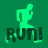 Green silhouette of a running figure with 'RUN!' text on green background, showing motion